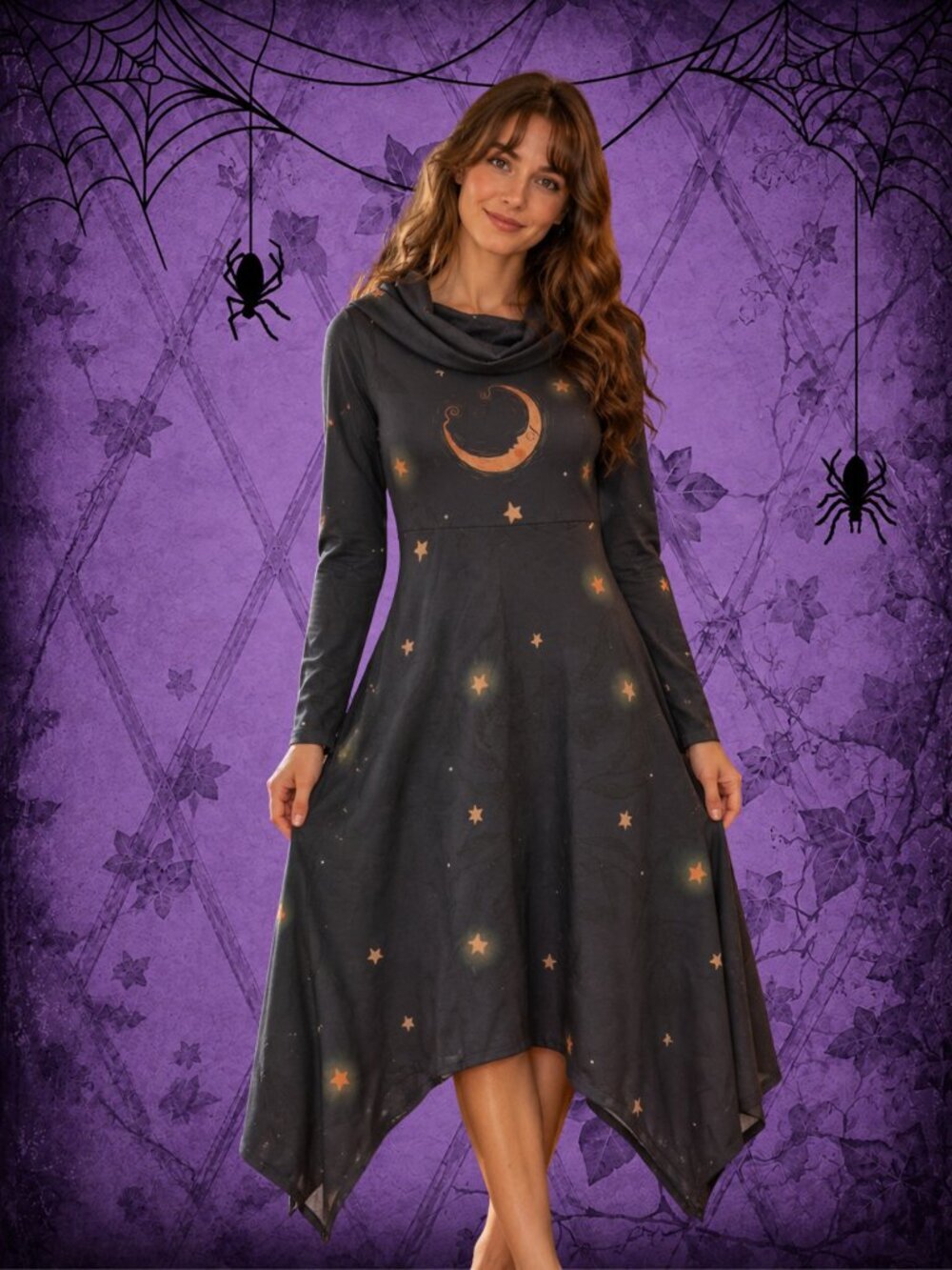 Way Up High ☁️🧚♂️ CoraMoon Maxi Dress Black Purple Moon & Stars
